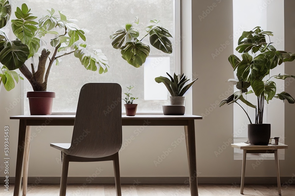 Chair at wooden table with computer monitor and plants in grey spacious home office interior Chair at wooden table with computer monitor and plants in grey spacious home office interior