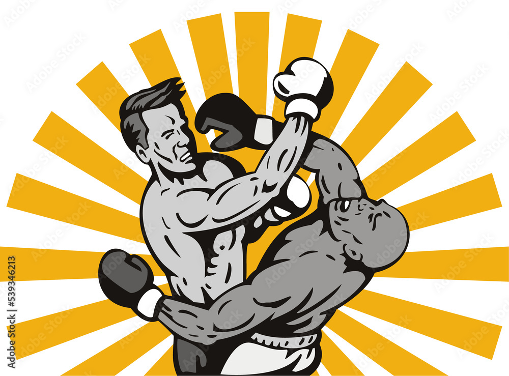 Fototapeta premium illustration of a boxer connecting a knockout punch done in retro style