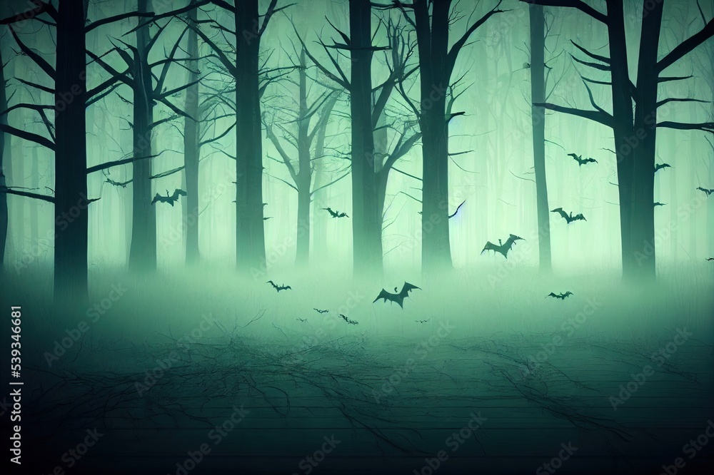 Obraz premium Halloween Background concept Spooky forest volumetric fog with ghost shadow and many dead trees and wooden table foreground.3d rendering