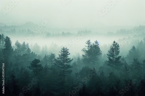 The pine forest in the valley in the morning is very foggy, the atmosphere looks scary. Dark tone and vintage image.. High quality Illustration © 2rogan