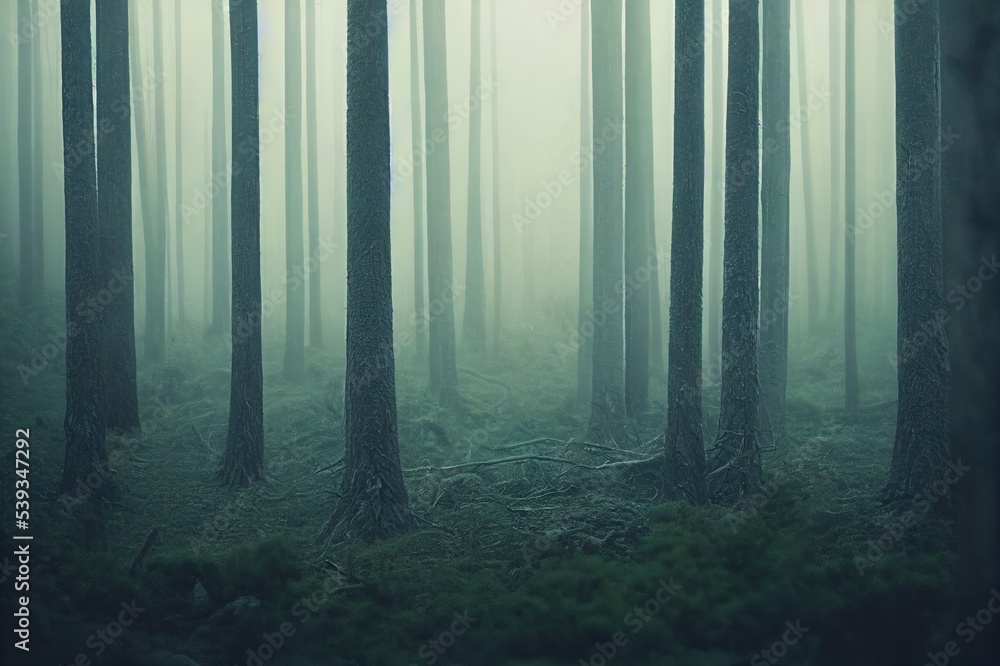 Obraz premium The pine forest in the valley in the morning is very foggy, the atmosphere looks scary. Dark tone and vintage image.. High quality Illustration