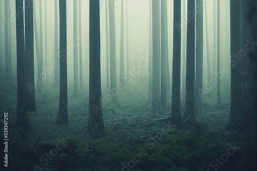The pine forest in the valley in the morning is very foggy  the atmosphere looks scary. Dark tone and vintage image.. High quality Illustration
