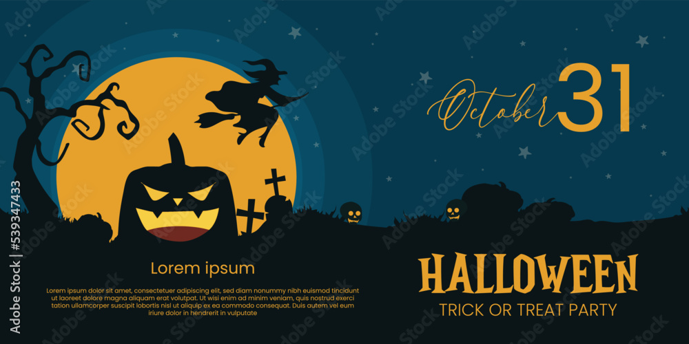 Happy Halloween banner for background with witch, tree branches, pumpkin, graveyard, skull in full night shades