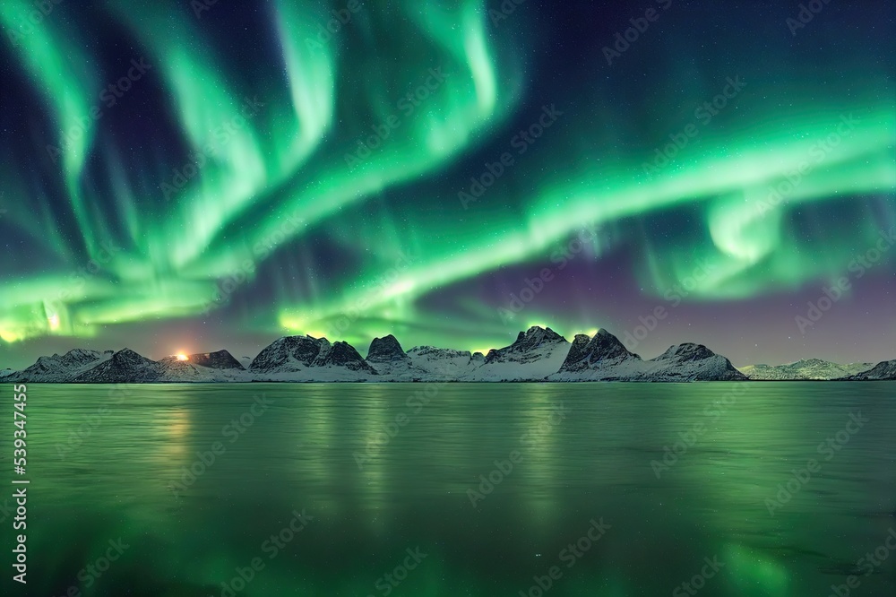 Aurora borealis on the Lofoten islands, Norway. Green northern lights above ocean. Night sky with polar lights. Night winter landscape with aurora and reflection on the water surface. Norway image