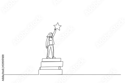 Drawing of businesswoman reach out for the stars by using books as the platform. Single continuous line art style