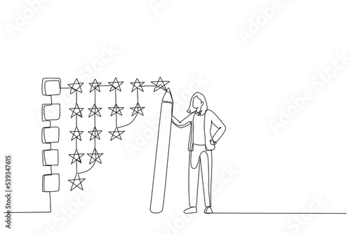 Drawing of businesswoman holding pencil to evaluate star feedback. Metaphor for evaluation. Continuous line art
