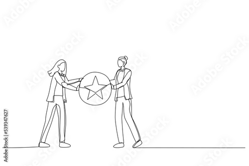 Drawing of businesswoman boss giving golden star badge to winning employee. Metaphor for recognition. One line style art