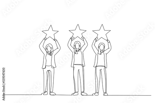 Cartoon of businesswoman holding the big stars over the head. Single continuous line art