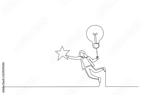 Drawing of businesswoman flying with lightbulb idea to catch star in the sky. Metaphor for innovation. One continuous line art style