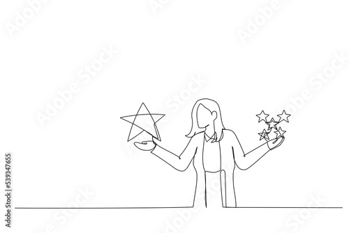 Illustration of businesswoman holding comparing quality of stars. Metaphor for quality vs quantity. Single continuous line art style