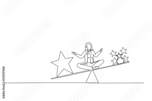 Drawing of businesswoman sit on scales comparing quality vs quantity. One line art style