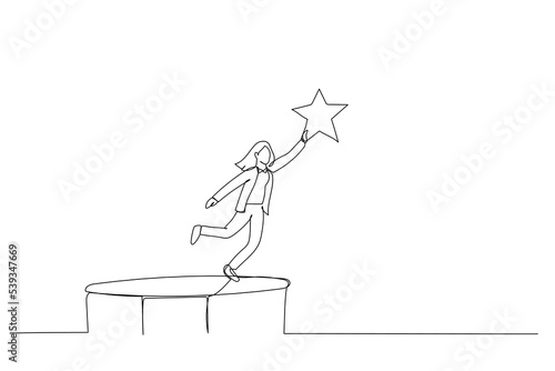 Cartoon of businesswoman bounce on trampoline jump flying high to grab star. Metaphor for achievement. Single line art style