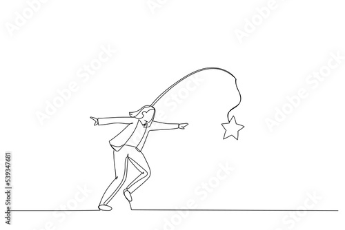 Illustration of businesswoman running with carrot stick trying to grab star prize award. Metaphor for incentive. Single continuous line art style