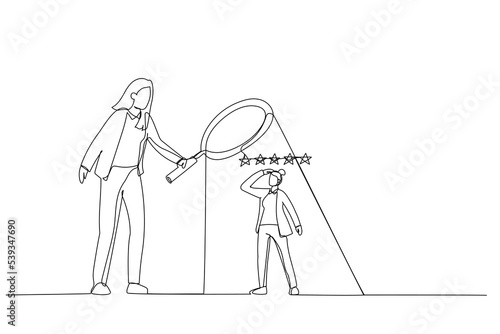 Drawing of businesswoman manager use magnifier to analyze employee with 5 stars rating. Metaphor for employee performance evaluation. One line art style