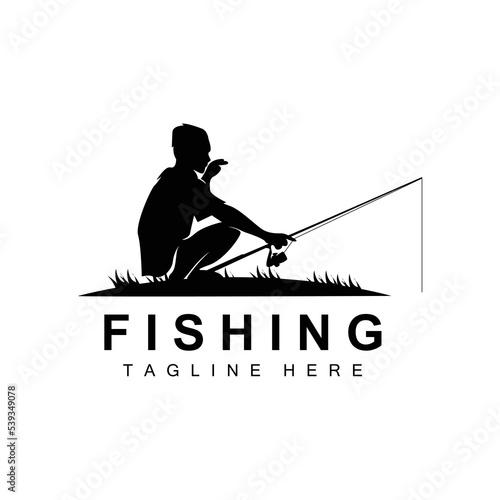 fishing logo icon vector, catch fish on the boat, outdoor sunset silhouette design