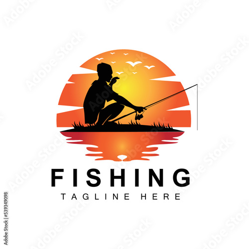 fishing logo icon vector, catch fish on the boat, outdoor sunset silhouette design