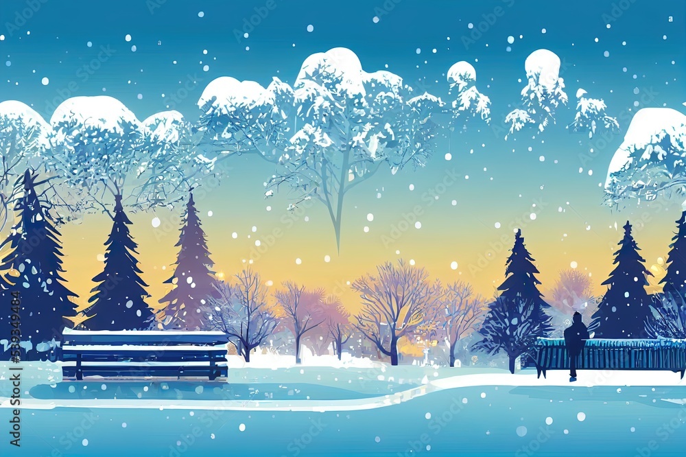 Winter city park with snow and city silhouette. Bench in winter city park, winter holidays concept in flat cartoon style. City park landscape banner. Urban outdoor. 2d illustrated illustration