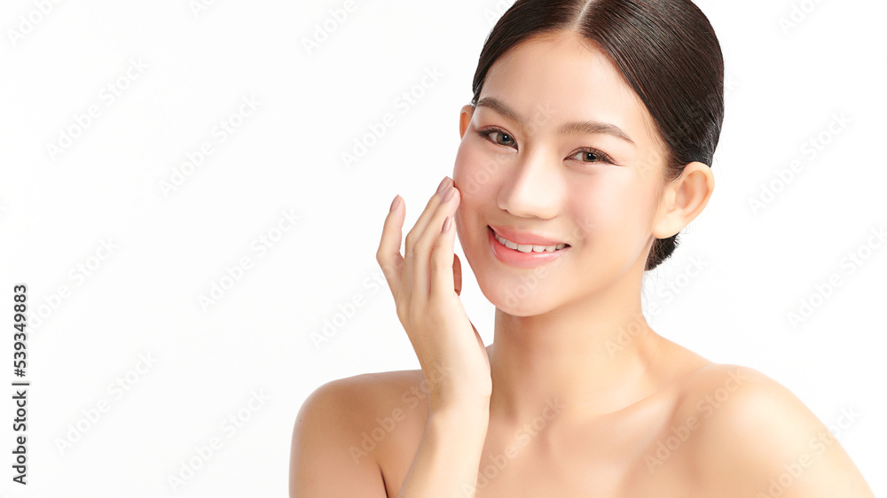 Beautiful young asian woman with clean fresh skin on white background, Face care, Facial treatment, Cosmetology, beauty and spa, Asian women portrait.