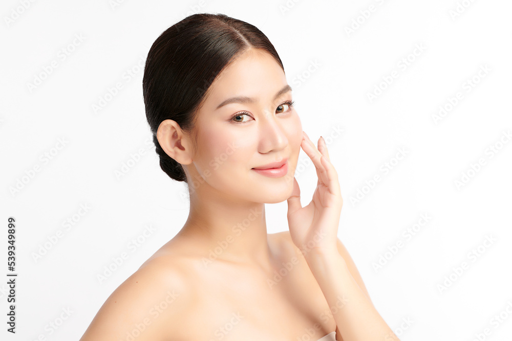 Beautiful young asian woman with clean fresh skin on white background, Face care, Facial treatment, Cosmetology, beauty and spa, Asian women portrait.