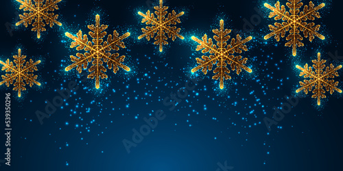 Merry Christmas digital banner with glowing gold snowflakes and space for text on blue background