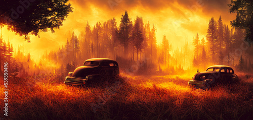 Artistic concept painting of a old timer car in the forest  background illustration.