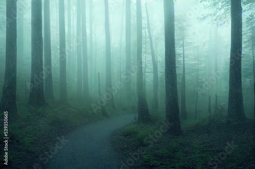 Dark trails through the mist in the forest
