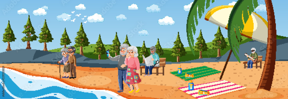 Beach scene with senior people on vacation