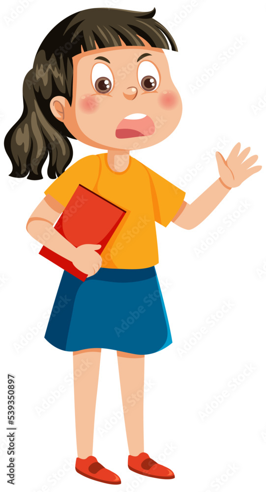 A girl holding a book with scowl on her face