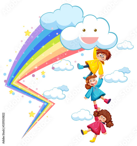 Children in the sky with rainbow