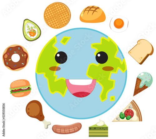 Earth smiling around with many foods