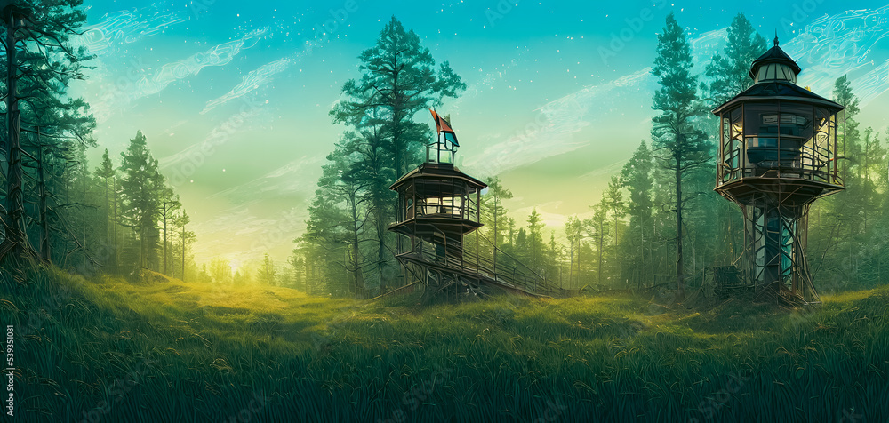 Fototapeta premium Artistic concept painting of a watch tower on the landscape, background illustration.