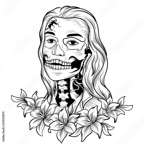 illustration monochrome art girl skull with flower t-shirt design