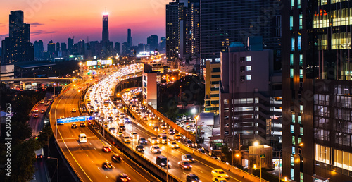 The cityscape view of transportation traffic jam on the expressway in Bangkok  Thailand.