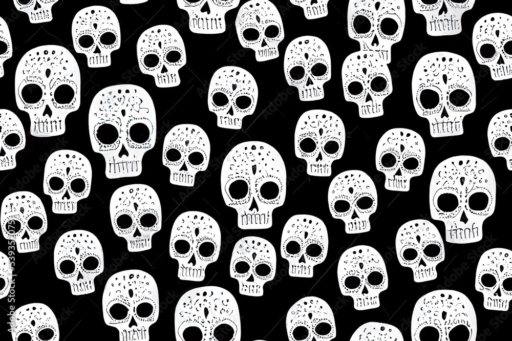 Obraz premium Hand drawn seamless 2d illustrated pattern with cute cat sugar skulls and flowers on black background. Perfect for fabric or wrapping paper.. High quality Illustration