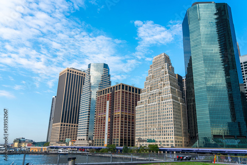 View from the pier to skyscrapers in downtown Manhattan