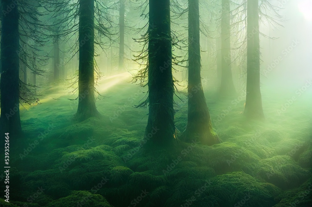 Obraz premium Majestic evergreen forest at sunrise. Mighty pine trees, moss, green plants. Morning fog, pure sunlight, sunbeams. Dark atmospheric landscape. Nature, seasons, summer. Fairytale, fantasy concepts
