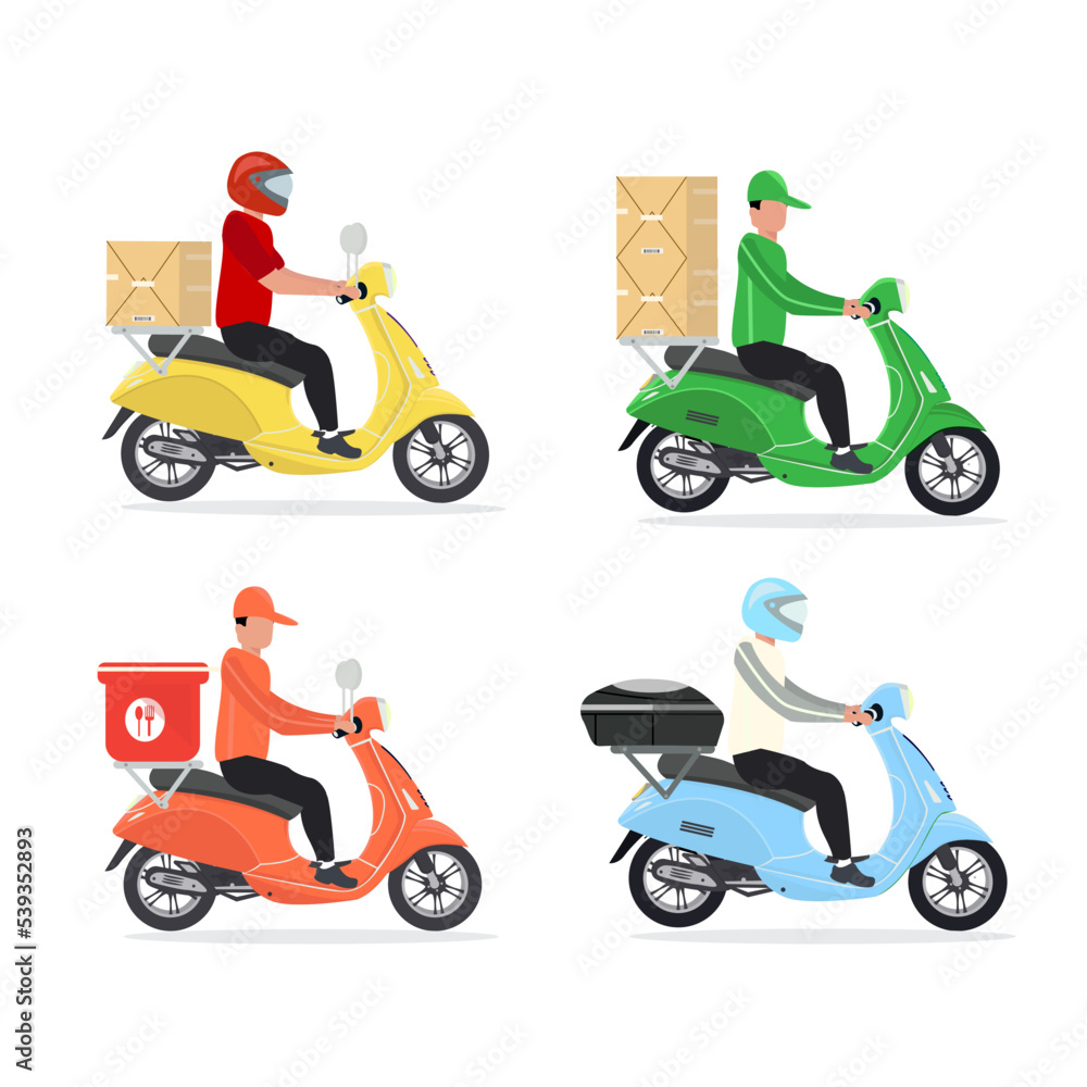 set courier delivers the order on a motorcycle. Online delivery service for parcels and food to your home. Courier in working uniform. Bike, motor, scooter. Vector illustration set courier delivers the order on a motorcycle. Online delivery service for parcels and food to your home. Courier in working uniform. Bike, motor, scooter. Vector illustration