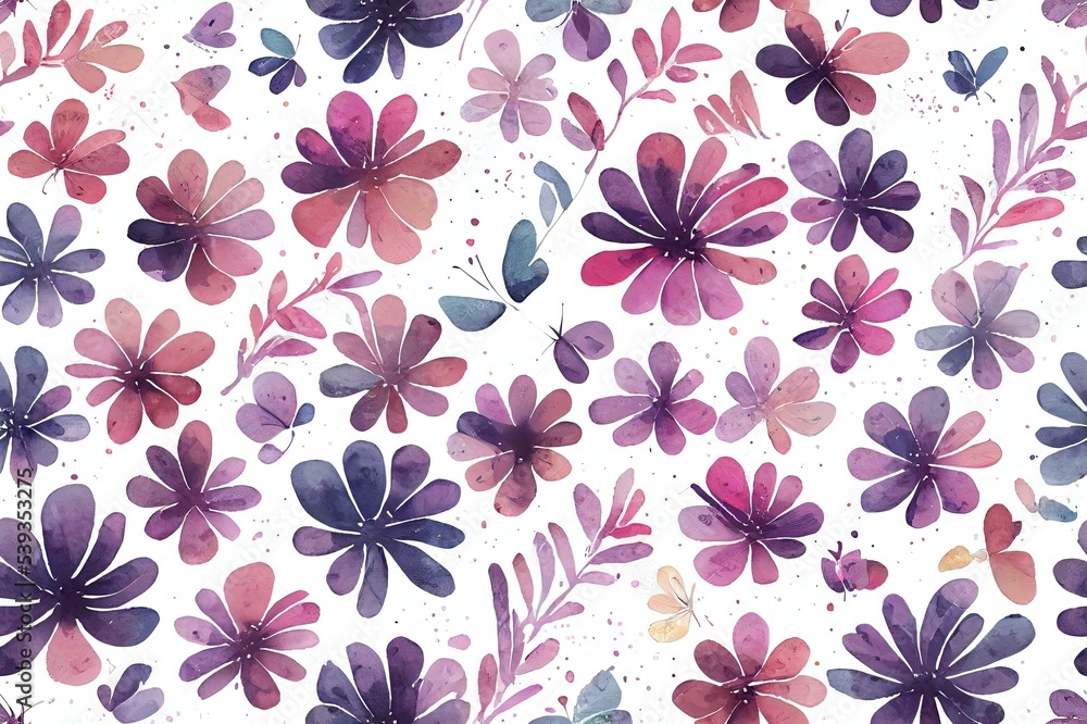 Floral seamless pattern with delicate abstract flowers, flying butterflies, plants and leaves, watercolor illustration on white background, print for textile or wallpapers, meadow texture. Floral seamless pattern with delicate abstract flowers, flying butterflies, plants and leaves, watercolor illustration on white background, print for textile or wallpapers, meadow texture.