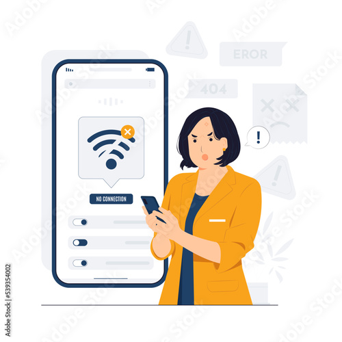 Internet disconnection with Unhappy young woman looking at the phone, feeling angry about bad device work, lost data. Anxious male user dissatisfied with service concept illustration