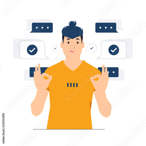 Approved gesture, Ok sign with Smiling Businessman wearing suit standing while holding mobile phone and showing thumbs up concept illustration