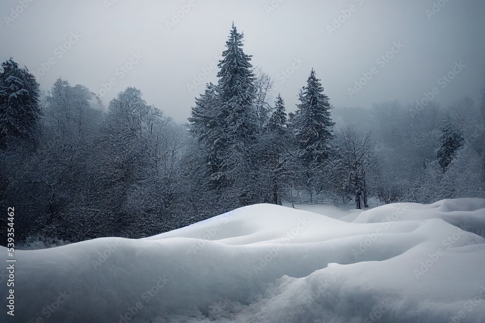 Obraz premium Dramatic winter landscape under fresh fallen snow on a cloudy morning day. High quality photo