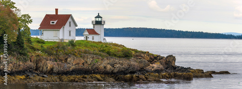 Curtis Island Light - A closeup view of the historic Curtis Island Lighthouse on a stormy Autumn day. Camden, Maine, USA.