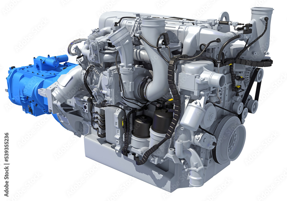 Powertrain truck engine with transmission 3D rendering on white background Powertrain truck engine with transmission 3D rendering on white background