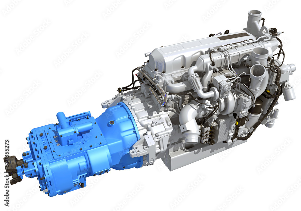 Fototapeta premium Powertrain truck engine with transmission 3D rendering on white background