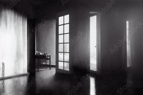 The ghost shadow standing behind the door curtain and looked into the room  blurred image.. High quality Illustration