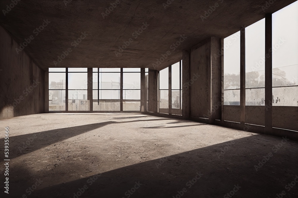 Perspective view of empty concrete floor with cement structure and wooden wall building exterior. 3d rendering. Mixed media. Perspective view of empty concrete floor with cement structure and wooden wall building exterior. 3d rendering. Mixed media.