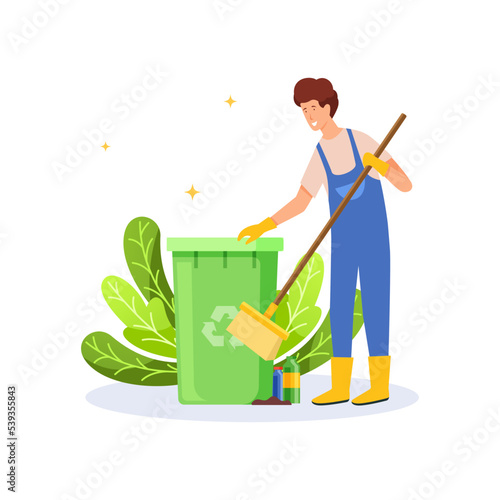World trash day sweeping man illustration
