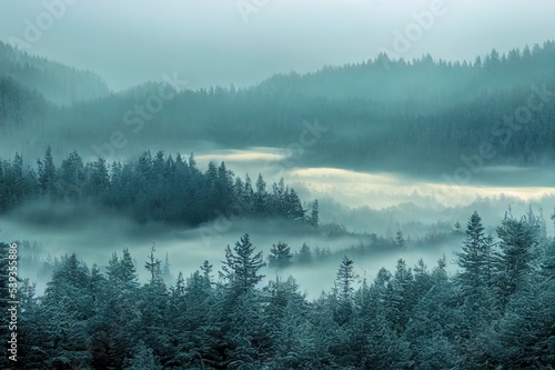 Lake in the dark majestic evergreen forest. Mighty pine and spruce trees. Fog. Atmospheric landscape. Panoramic view