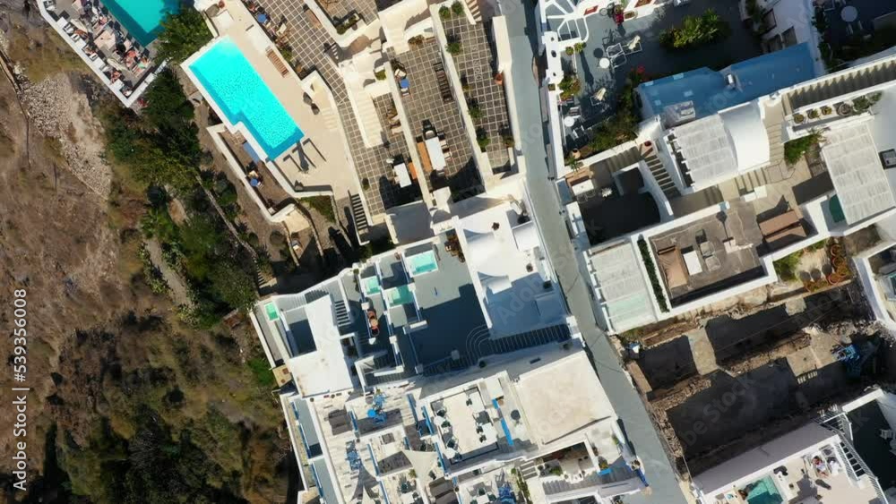 Aerial top down view of the center of Fira in Santorini Greece Aerial top down view of the center of Fira in Santorini Greece