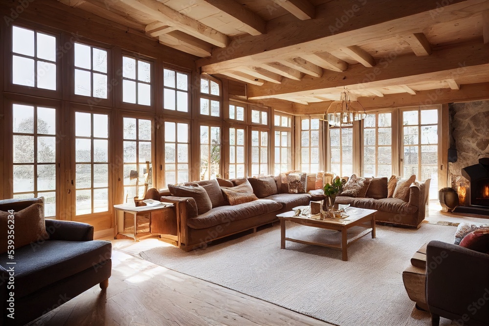 cozy warm home interior of a chic country house with an open plan, wood